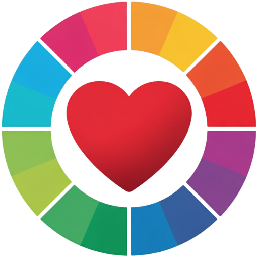 A color wheel with a red heart in the center